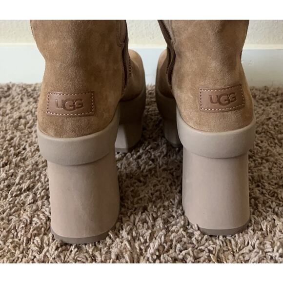 NEW UGG Heights Platform Xtra Tall Boots 8 Chestnut Suede Shearling Chunky Heel - Picture 11 of 12